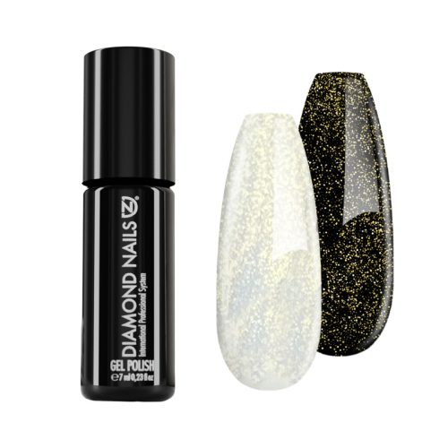 Gold shimmer no wipe top gel polish that adds sparkling golden effect and seals gel nails with high gloss long lasting finish