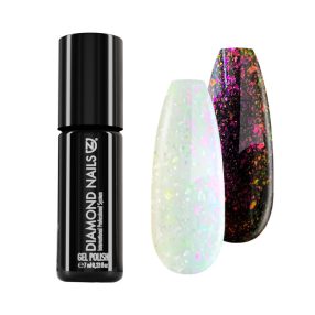 Aurora no wipe top gel polish that adds iridescent multicolor shimmer and seals gel nails with long lasting glossy finish